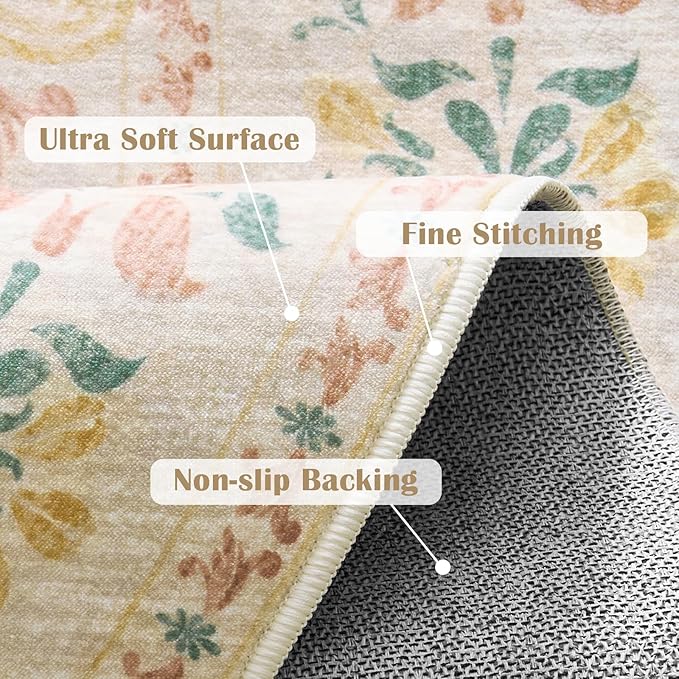 jinchan Round Rug 7ft Area Rugs,Vintage Floral Distressed Design Machine Washable Soft Non-Slip Low-Pile Ultra-Thin Circle Rug for Living Room Dining Room Bedroom Home Office (7' Round,Apricot Multi)-CubbioJoy