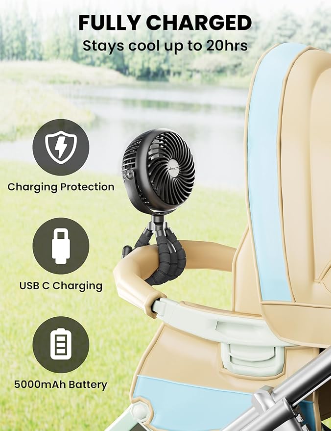 AMACOOL Baby Stroller Fan - 5000mAh Rechargeable, 3-Speed, Strong Yet Quiet, 360°Rotate Portable Clip on Fan for Travel, Car Seat, Crib, Bike, Treadmill, Beach Vacation Essentials-CubbioJoy
