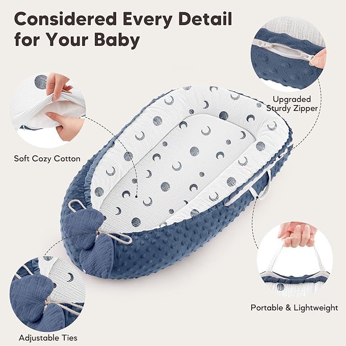 Baby Lounger - Infant Lounger Pillow for Newborn 0-24 Months, Soft, Breathable & Portable Baby Lounger Pillow for Boys & Girls, Cozy Baby Floor Seat for Home & Travel (Bluemoon)-CubbioJoy