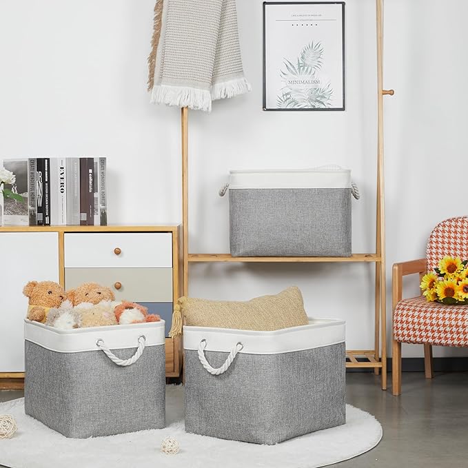 Bidtakay Large Storage Baskets for Organizing 3-Pack Fabric Closet Organizers Storage Bins with Handles 16x11.8x11.8 In Collapsible Baskets for Shelves Cloth Home Organization L-White&Grey-CubbioJoy