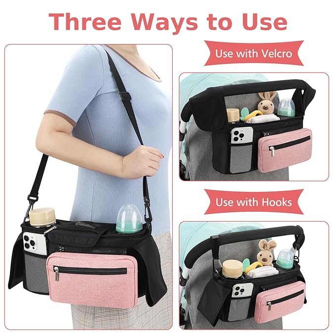 Accmor Universal Stroller Organizer with Insulated Cup Holder Detachable Phone Bag and Shoulder Strap,Stroller Bag Caddy Organizer Fits for Uppababy, Baby Jogger, Britax Strollers-CubbioJoy
