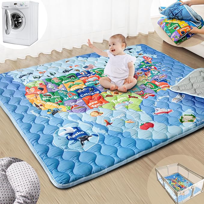 Baby Play Mats for Floor, 71”x59” Upgraded Thickness & Larger Super Soft Playmat for Babies and Toddlers, Foldable Washable, Upgrade Anti-Slip Crawling Mat for Playpen(Map)-CubbioJoy