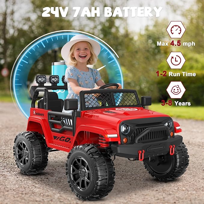 ANPABO 24V 2 Seater Ride On Car for Kids w/EVA Tires, 4X200W Motors, 4 Shock Absorbers, 2.4G Remote Control, Bluetooth Radio, LED Headlights & Searchlights, Electric Car for Kids Ages 3-8,Bright red-CubbioJoy