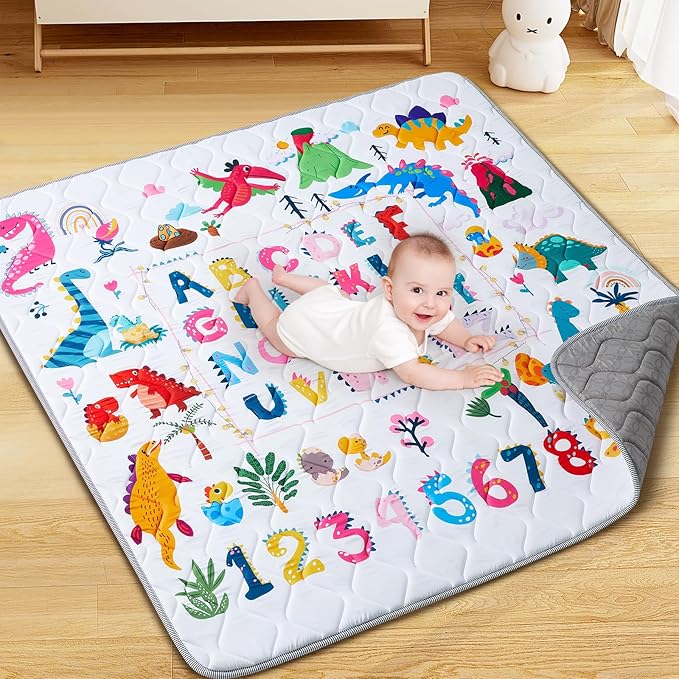 Baby Play Mat - Thicken 50x50 Inch Soft Foam Crawling Mat for Playpen & Floor, Non-Slip Waterproof Playmats for Infants & Toddlers, Portable Foldable & Machine Washable, Dinosaur & Letters-CubbioJoy