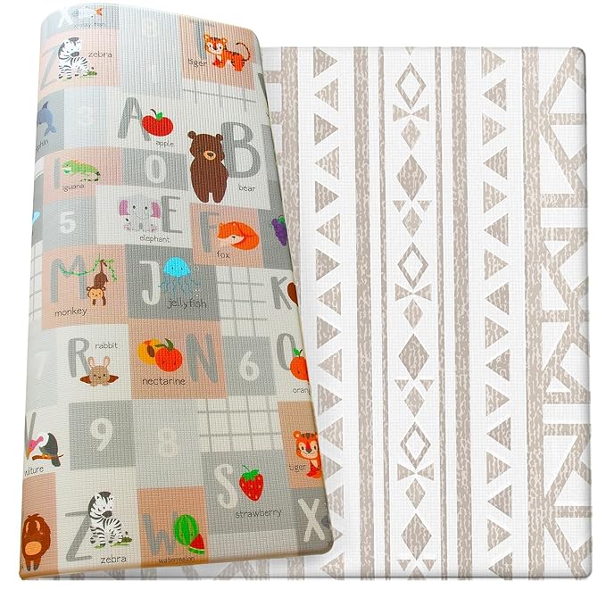 Cushmat Stylish Reversible Foam Play Mat (Large, Crystals Gray - Tropical Safari) - Soft, Waterproof, Durable Play mat for Infants, Babies, Toddler, Kids & Grownup - 6.5ft x 4.5ft-CubbioJoy