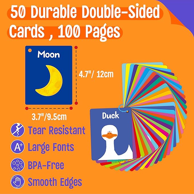 50 PCS First Word Flashcards, Double Sided Learning Cards Alphabet, Foods, Animals, Shapes, Colors, Vehicle, Body Parts with 2 Reclosable Rings, Learning Tool for Pre-K Kindergarten Toddlers-CubbioJoy