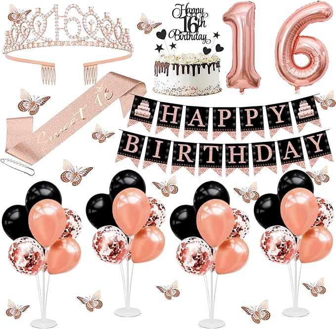 16th Birthday Decorations for Girls - 56pcs Rose Gold Happy 16th Banner, 16th Birthday Crown Sash, Cake Topper, Number 16 balloons, 3D Butterflies, 4 Balloon Stands kits-CubbioJoy