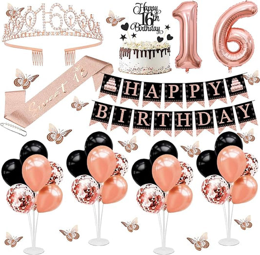 16th Birthday Decorations for Girls - 56pcs Rose Gold Happy 16th Banner, 16th Birthday Crown Sash, Cake Topper, Number 16 balloons, 3D Butterflies, 4 Balloon Stands kits-CubbioJoy