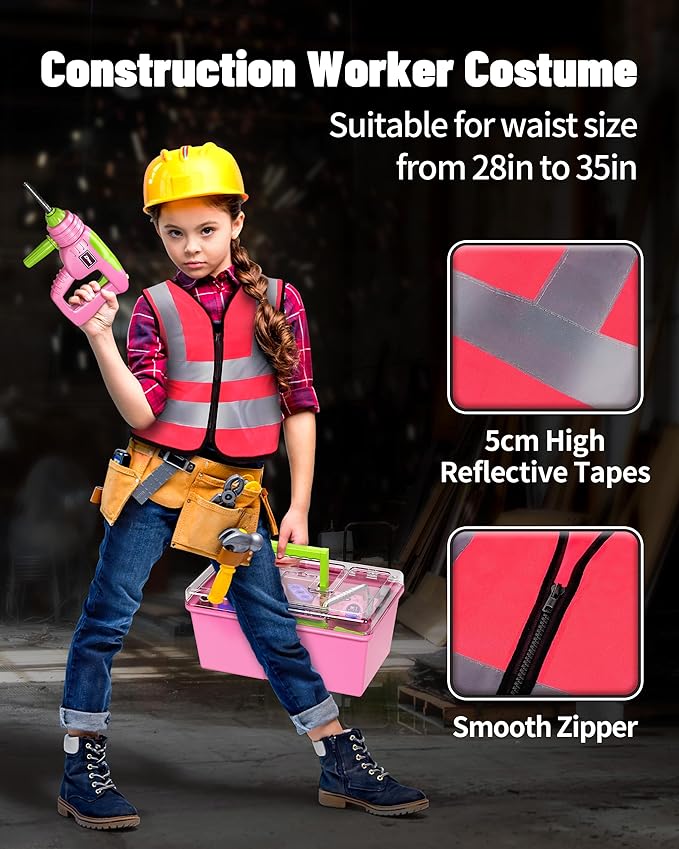 Deejoy 54Pcs Large Kids Tool Set with Electric Saw & Electronic Toy Drill, Pretend Play Kids Construction Set for Toddler 3-5 Years Old, Toddler Tool Set-Pink-CubbioJoy