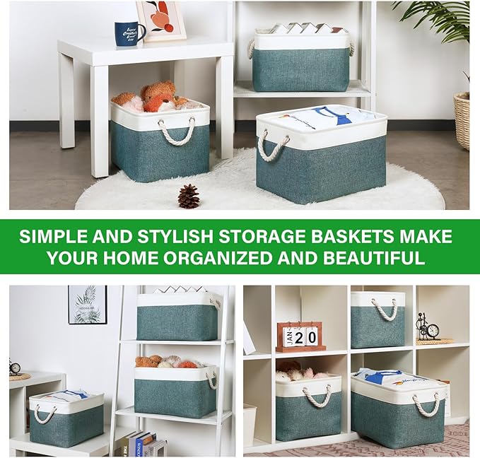 Bidtakay Fabric Storage Baskets for Shelves 3 Pack Large Storage Bins for Organizing Linen Collapsible Organizer for Closet-Deep Green-CubbioJoy