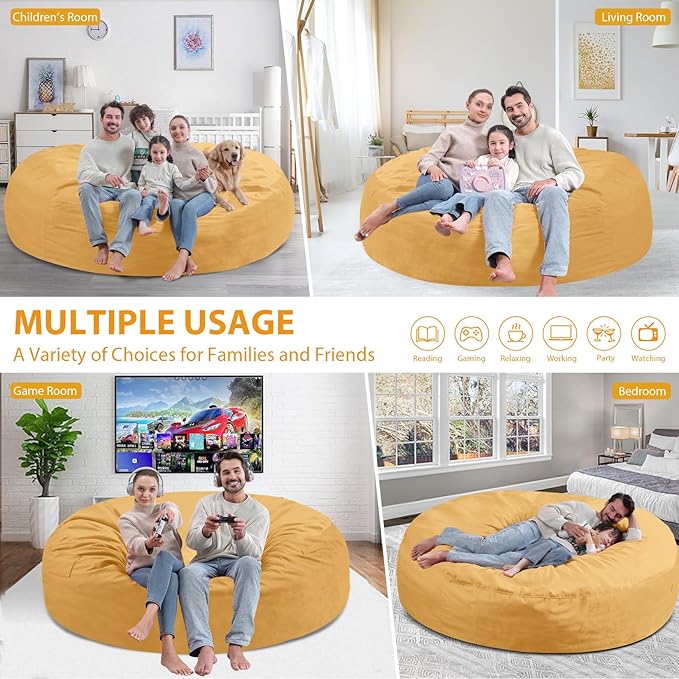 7FT Bean Bag Chair, Large Bean Bag Chairs with Memory Foam Filled, Fluffy Beanbag Sofa with Dutch Velvet Cover, Round BeanBag Chairs for Living Room, Playroom - Mustard-CubbioJoy