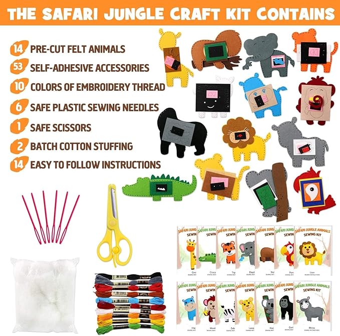 CiyvoLyeen Safari Jungle Animals Sewing Craft Kit DIY Kids Craft and Sew Set for 7 8 9 10 11 12Girls and Boys Educational Beginners Sewing Stuffed Animal Felt Plush Ornaments Set of 14-CubbioJoy