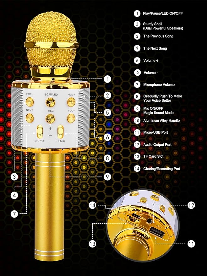 BlueFire 4 in 1 Karaoke Wireless Microphone with LED Lights, Portable Microphone for Kids, Great Gifts Toys for Kids, Girls, Boys and Adults (Gold)-CubbioJoy