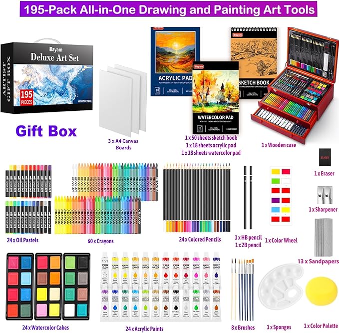 Art Supplies, iBayam 195 Pack Art Set Drawing Kit for Kids Teens Girls Boys Adult, Arts and Crafts Painting Kit, Art Kits Paint Set with Acrylic Pad, Sketchbooks, Watercolor Pad, Canvases, Gift Box-CubbioJoy