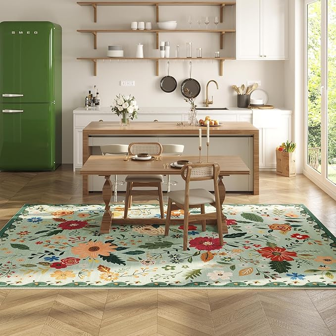 5x7 Washable Rug for Living Room, Green Floral Area Rug, Non Slip Low Pile Soft Flower Carpet, Large Rugs for Bedroom, Dining Room, Office, Kids Playroom, Nursery, Sage Green-CubbioJoy