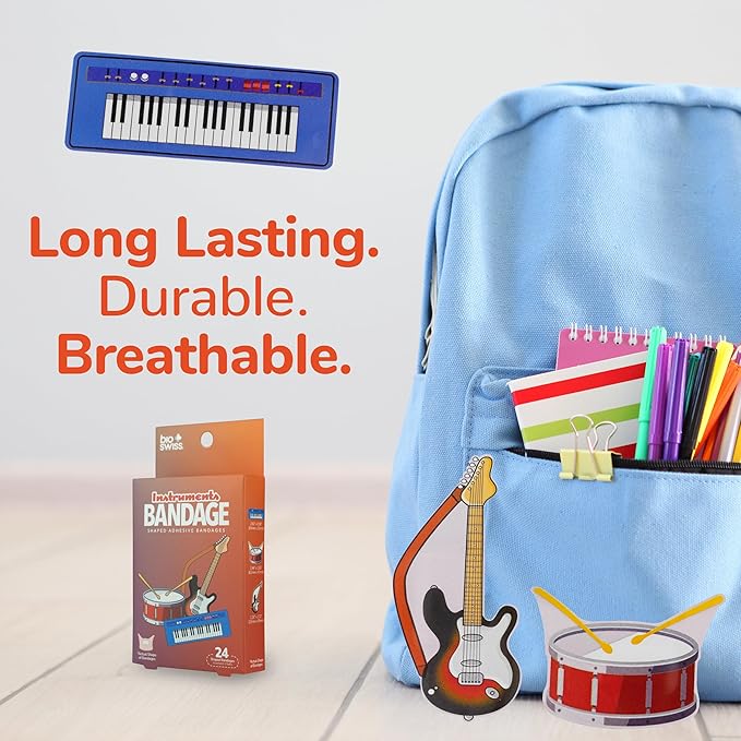 BioSwiss Bandages, Musical Instruments Shaped Self Adhesive Bandage, Latex Free Sterile Wound Care, Fun First Aid Kit Supplies for Kids and Adults, 24 Count-CubbioJoy