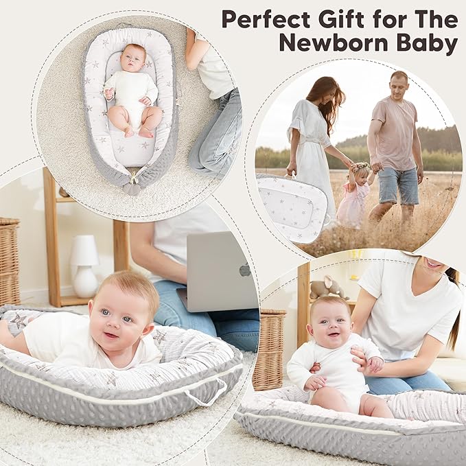 Baby Lounger - Infant Lounger Pillow for Newborn 0-24 Months, Soft, Breathable & Portable Baby Lounger Pillow for Boys & Girls, Cozy Baby Floor Seat for Home & Travel (Beige Star)-CubbioJoy