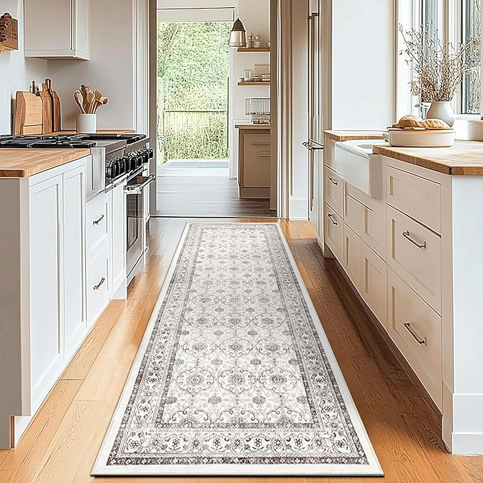 jinchan Hallway Runner Rug 2x10 - Machine Washable Beige Vintage Floral Distressed Design Soft Non-Slip Low-Pile Ultra-Thin Runner Rug for Kitchen Laundry Room Bedroom Farmhouse (2‘x10',Beige)-CubbioJoy