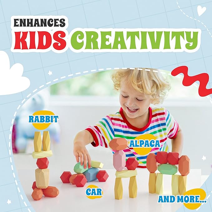 36 Pcs Wooden Stacking Blocks – Montessori Toys for 1 2 3 4 5 6 Year Old Toddlers and Kids, XL Rocks, No Choking Hazard – Sensory STEM Building Stones, for Girls and Boys-CubbioJoy