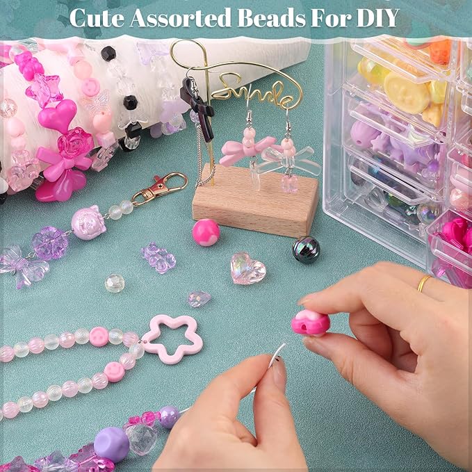 Assorted 180-240PCS Acrylic Beads for Bracelet Making,Flower Bow Butterfly Candy GummyBear Kawaii Aesthetic Bracelet Charms, Cute Beads for Jewelry Making Necklace Keychain Phone Charms DIY-CubbioJoy