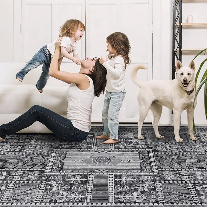 9x12 Area Rug Living Room Rugs, Stain Resistant Washable Rug, Vintage Large Non-Slip Backing, Low Pile Lightweight Print Rug for Bedroom Dinning Room Home Office (Grey)-CubbioJoy