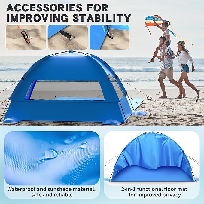 Beach Tent Sun Shelter with Extended Sand Mat 114×82inch，UPF 50+ Protection, 3 Double-Layer Windows for Enhanced Privacy; Portable Beach Shade, 3-4 People. Windproof and Waterproof-CubbioJoy