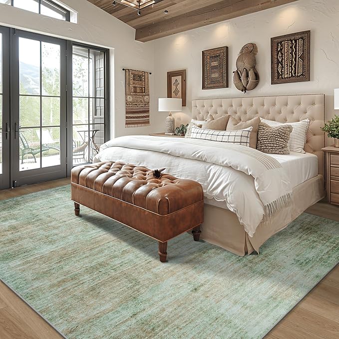 Area Rug 5x7 Living Room Rugs: Abstract Large Washable Rugs with Non-Slip Backing, Thin Carpet for Dining Room Table Bedroom Nursery Indoor Home Office-Green-CubbioJoy