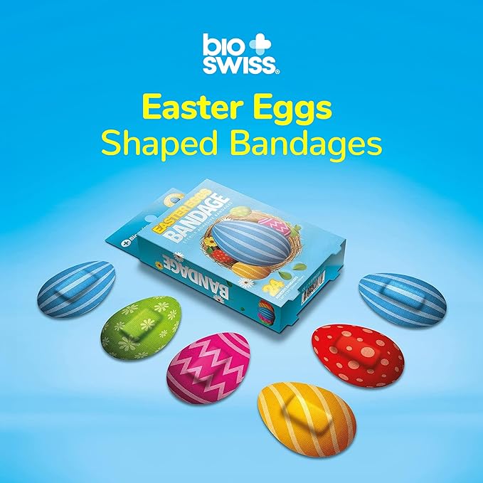 BioSwiss Bandages, Easter Egg Shaped Self Adhesive Bandage, Latex Free Sterile Wound Care, Fun First Aid Kit Supplies for Kids, 24 Count-CubbioJoy
