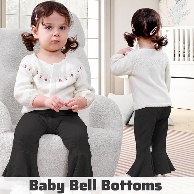 2 Pack Toddler Baby Girl Pants Flare Leggings Ribbed Knit Newborn Bell Bottoms Solid Ruffle Infant Pants for Girls-CubbioJoy