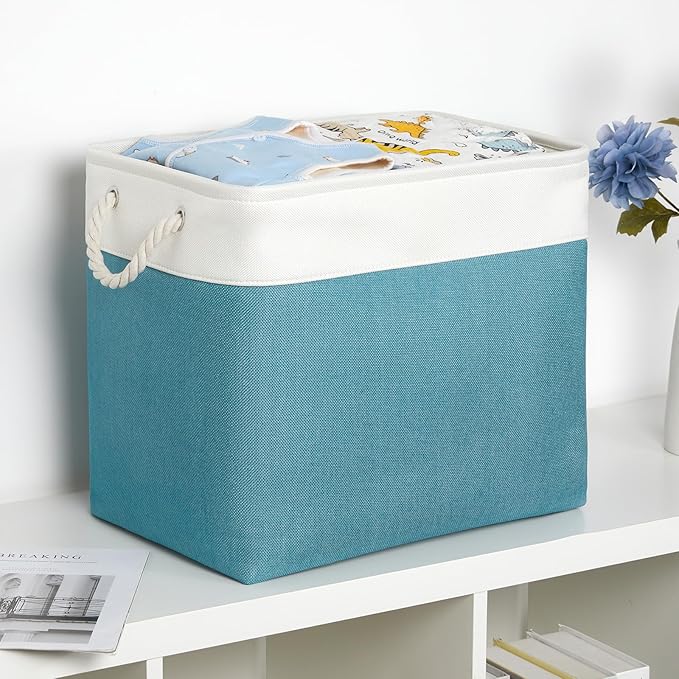 Bidtakay Extra Large Storage Baskets for Shelves 3 Pack Fabric Storage Bins for Organizing Linen Collapsible Organizer for Closet-White&Teal-CubbioJoy