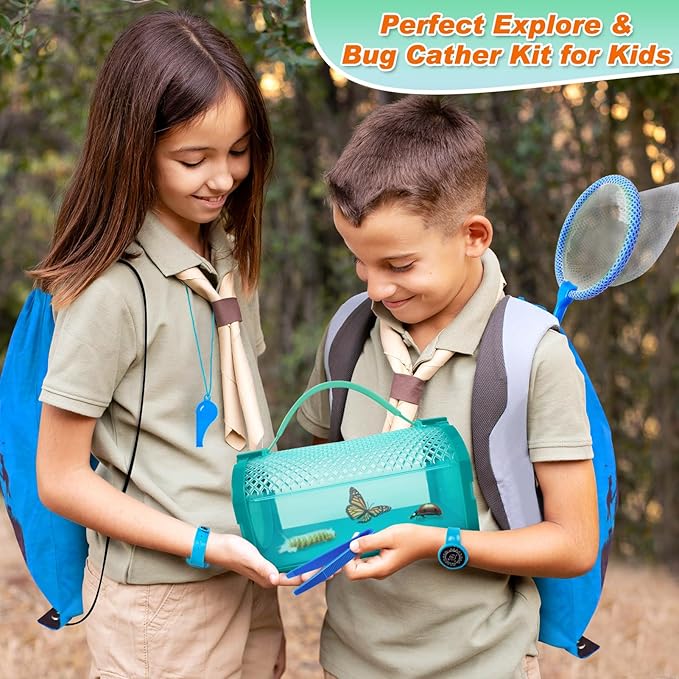 Bug Catcher Kit & Outdoor Explorer Kit for Kids, 10 Pcs Bug Catching Kit with Toy Cage, Backpack, Flashlight, Manifying Glass, Toy Net, Outdoor Exploration Toys Gift for Boys Girls 3-12-CubbioJoy