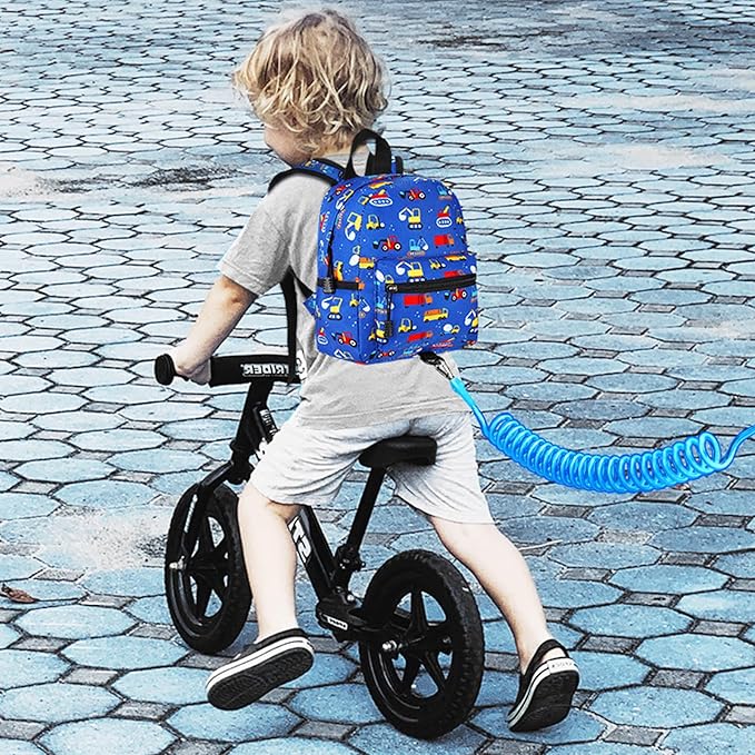 Accmor Toddler Backpack Leash with Anti Lost Wrist Link, Cute Mini Child Walking Harnesses Keep Kids Close Back Pack Rope Tether Rein for Baby Boys (Blue/Excavator)-CubbioJoy