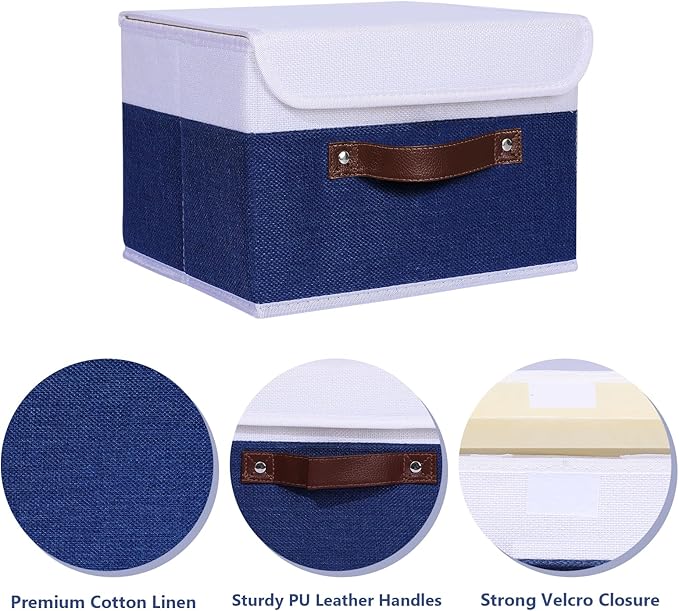 ANMINY 4PCS Storage Boxes with Lid Washable Decorative Storage Bin Basket with PU Leather Handle Foldable Linen Fabric Storage Cube Container for Home Closet Organizer - Deep Blue White, Small Size-CubbioJoy