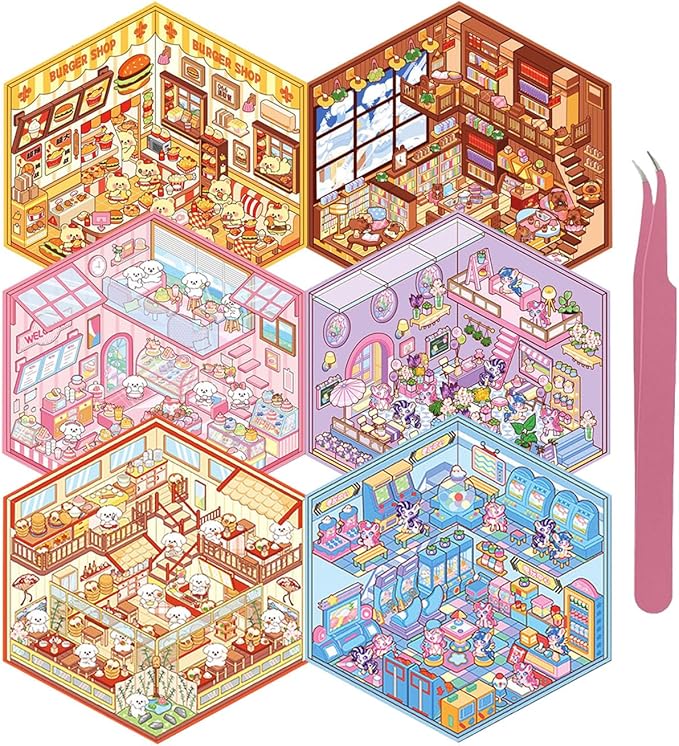 DIY 3D House Sticker, 6 Sets of Sticker Make Your Own Mini Shop Scenes Stickers for Kids Kawaii Cartoon Scene Stickers for Adult Relief Stress Pass The Time-CubbioJoy