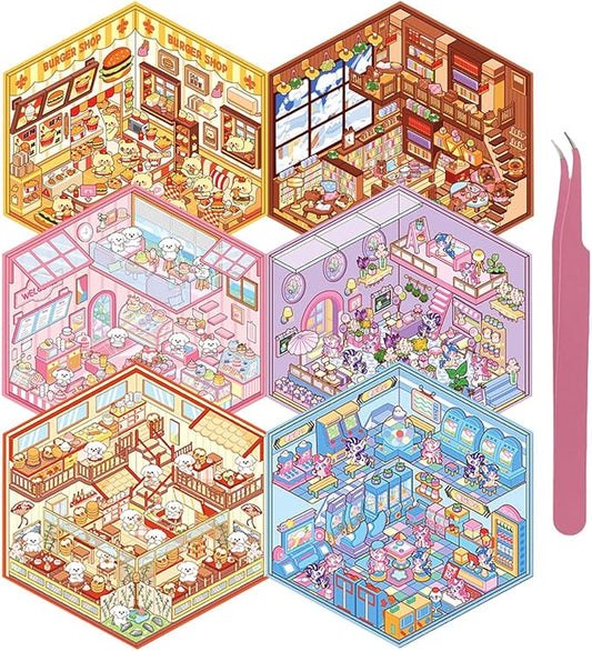 DIY 3D House Sticker, 6 Sets of Sticker Make Your Own Mini Shop Scenes Stickers for Kids Kawaii Cartoon Scene Stickers for Adult Relief Stress Pass The Time-CubbioJoy