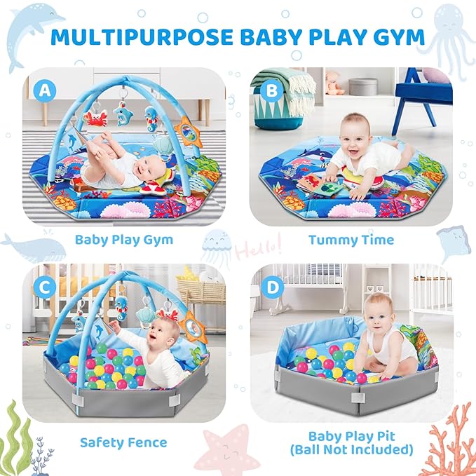 Baby Gym Play Mat, 8-in-1 Ocean Theme Tummy Time Mat & Ball Pit, Washable Baby Activity Play Mat for Visual, Hearing, Sensory, Motor Development, Baby Toys Gift for Toddler Infant 0-3-6-9-12-18 Months-CubbioJoy