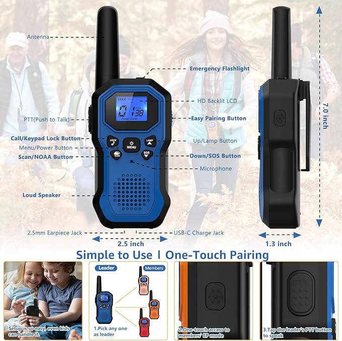 2 Way Radios for Adults Long Range Walkie Talkies for Kids Rechargeable 4 Pack, Camping Hiking Skiing Cruising Gear with Lamp, USB-C, SOS Siren, NOAA Alert, iVOX Hands-Free, One-Touch Pairing-CubbioJoy