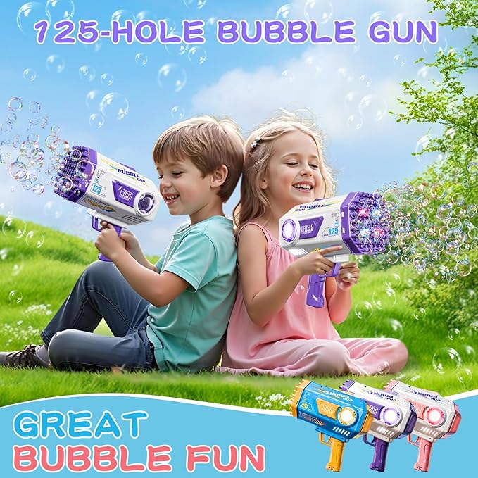 BOMOCO Bubble Gun,125 Holes Bubble Machine Bubbles for Kids 3-12,Bubble Blaster Gun with Bubble Solution Summer Outdoor Bubble Toys Birthday Wedding Halloween Party Favors Gifts Bubble Maker,Purple-CubbioJoy