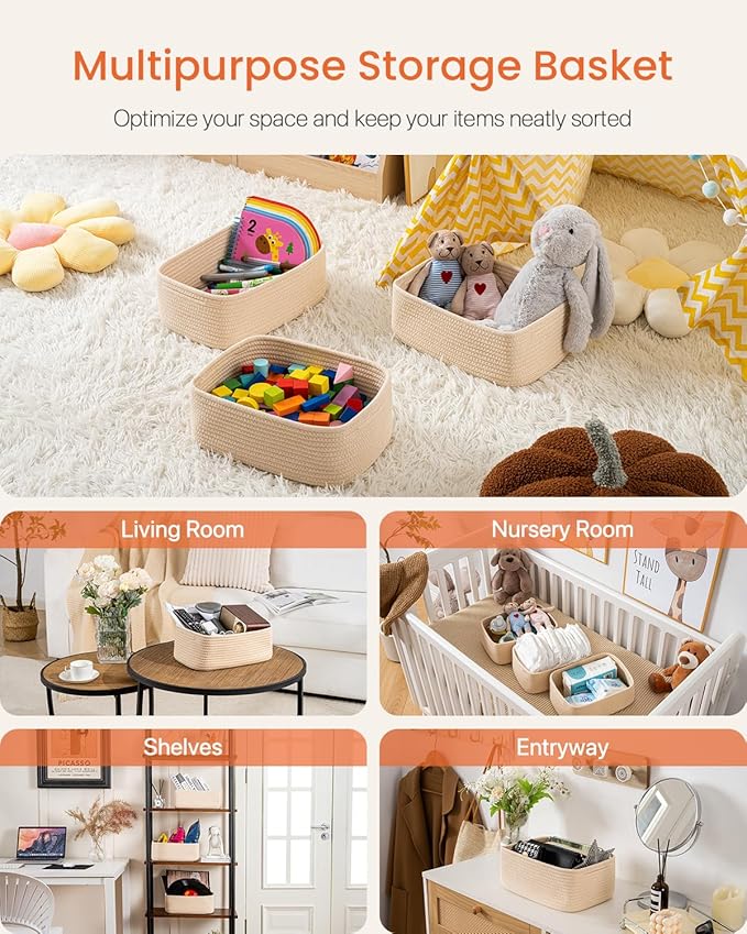 KALLAX Small Woven Basket, 12 x 8 x 4.5 Inches, Storage Basket for Organizing, Cute Small Rope Shelf Closet Cube Storage Bins Baskets for Shelves, Dog Toy Gift Baskets Empty, 3 Packs, Beige-CubbioJoy