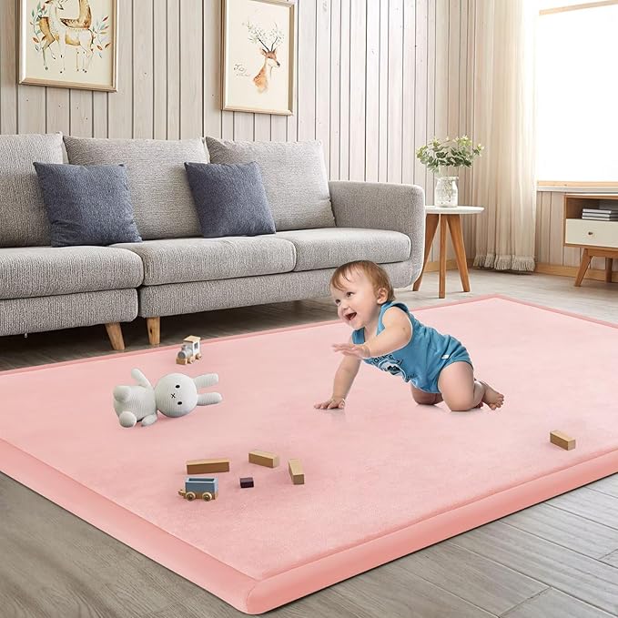 Baby Play Mat for Floor Tummy Time Mat Nursery Rug Muscle Mat Area Rug Playroom Rug Tatami Mat 4'11x3'28" Memory Foam 1.3" Thick Crawling Mat for Babies,Toddlers, Infants, Kids,Floor Mat(Pink)-CubbioJoy