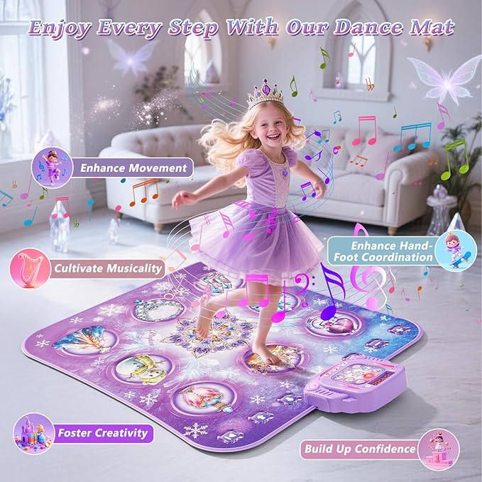Dance Mat Toy for 3-12 Year Old Girls, Electronic Dance Pad with Wireless Bluetooth,Frozen 8-Button Music Princess Toys Play Mat for Kids with LED Light, Built-in Music, Toddlers Birthday Gift Ages 3+-CubbioJoy