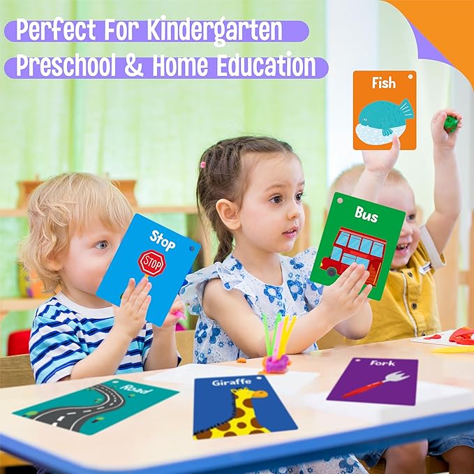 50 PCS First Word Flashcards, Double Sided Learning Cards Alphabet, Foods, Animals, Shapes, Colors, Vehicle, Body Parts with 2 Reclosable Rings, Learning Tool for Pre-K Kindergarten Toddlers-CubbioJoy