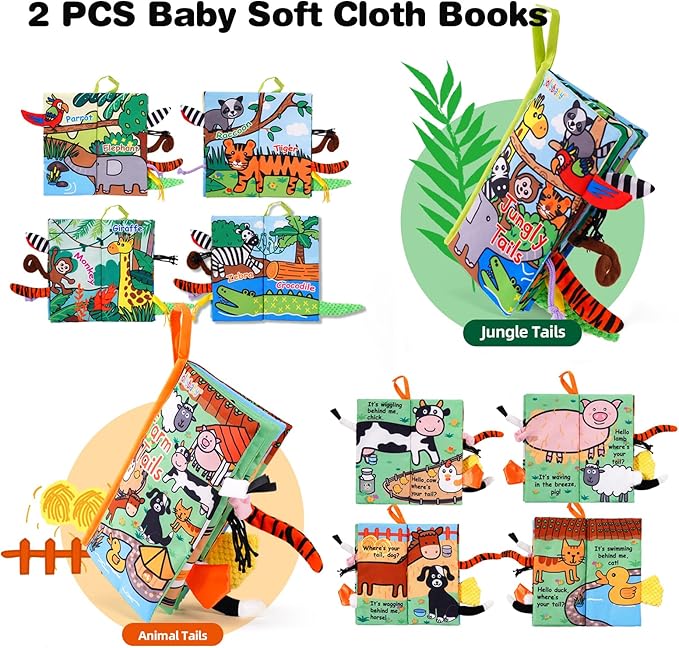 Jollybaby 2 PCS Sensory Touch and Feel Crinkle Books for Baby 0-6 Months, Jungle Farm Tails Montessori Car Set Toys for Tummy Time Newborn 6-12, Soft Fabric Cloth Books for Infant 1 Year Old Gift-CubbioJoy