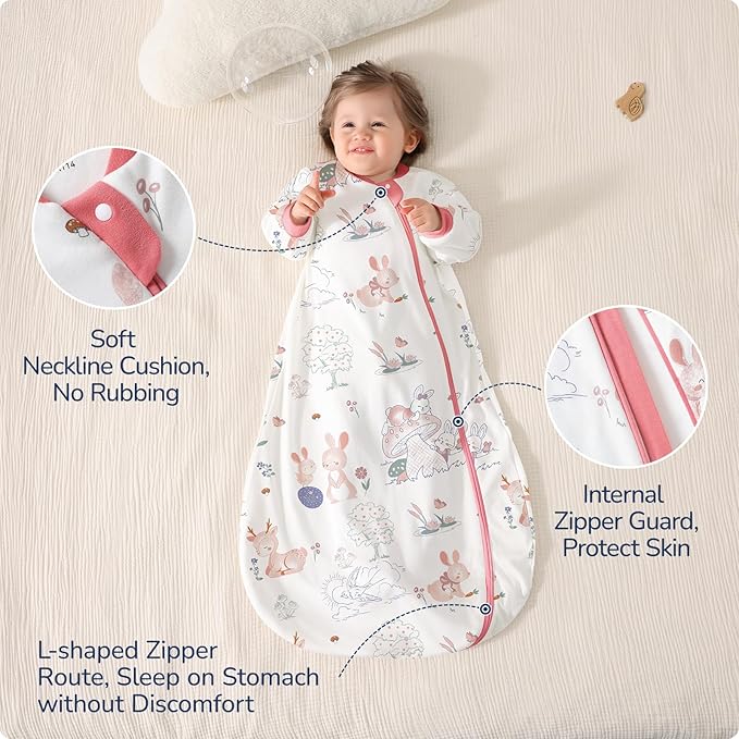 Baby Sleep Sack 12-18 Months, Cotton Detachable Long Sleeve Sleep Sack, 2.5 Tog Toddler Sleeping Sack with Temperature Strips, 2-Way Zipper Wearable Blankets for Newborns, Bunny-CubbioJoy