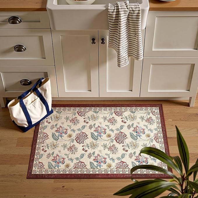 jinchan 2x3 Floral Rug for Entryway Washable Kitchen Rug Vintage Romance Design Small Mat Non Slip Indoor Doormat Lightweight Low-Profile Throw Carpet for Entrance Bathroom Laundry Room, Red/Beige-CubbioJoy