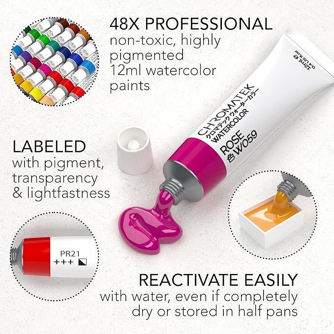 CHROMATEK Watercolor Paint Set, 84 Piece Kit, Video Tutorial Course, 48 Tubes, from Beginner to Intermediate & Professional Artists, Paper, 8 Brushes, Palette, Aquapen, Masking Tape, 12ml Tubes-CubbioJoy