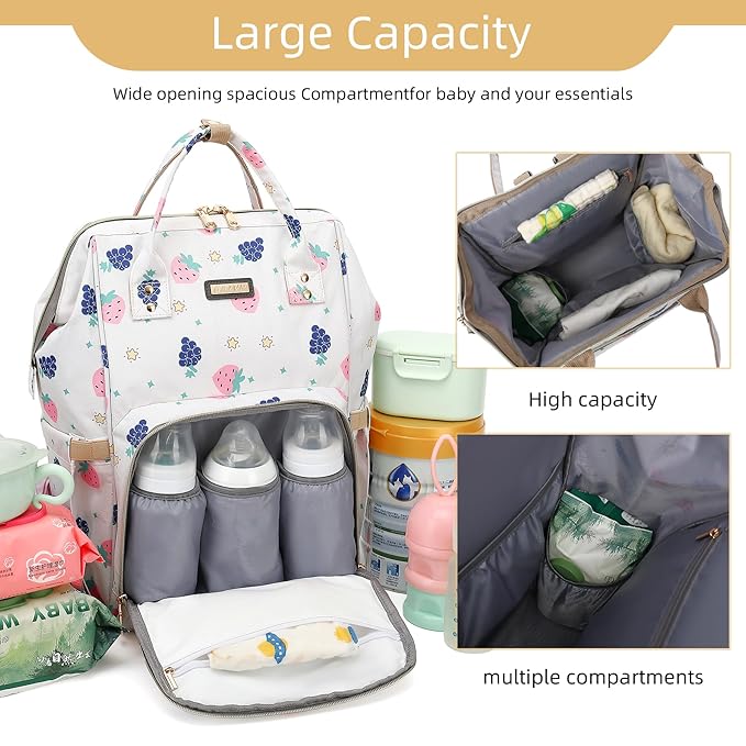 Diaper Bag Backpack, Diaper Bags for Baby Girls Boys, Baby Bags for Moms Dads, Nappy Changing Bag with Insulated Pockets,Multi-functional Waterproof Backpack with Stroller straps-Berry White-CubbioJoy