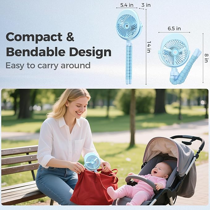 2025 Upgarded 4000mAh Misting Baby Stroller Fan, Rechargeable Battery Operated,Max 15Hrs Cooling,50ml Portable Water Sprayer Misting Fan with Flexible Tripod Clip on Car Seat Crib Treadmill Bunk Bed-CubbioJoy