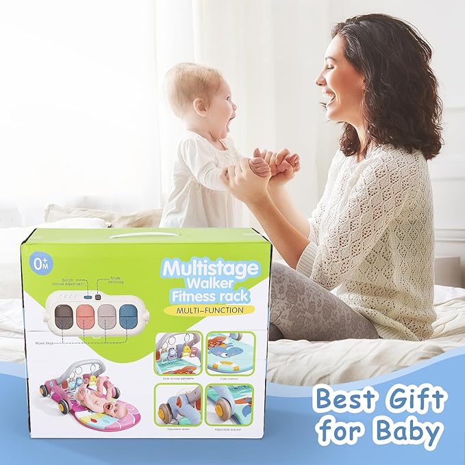 2 in 1 Baby Play Gym with Walker for Newborn, Baby Play Mat Activity Gym with 4 Infant Learning Sensory Tummy Time Mat for Infant Christmas Gifts Adjustable Height (Blue)-CubbioJoy