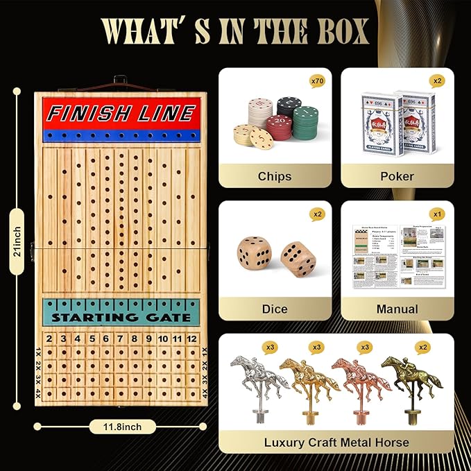 21 Inches Horse Racing Game, Horse Race Board Games with 11 Luxury Metal Horses,Thickened Wood Chessboard,Chips,Cards and Dice,Classic Wooden Table Top Board Games for Adults and Family-CubbioJoy
